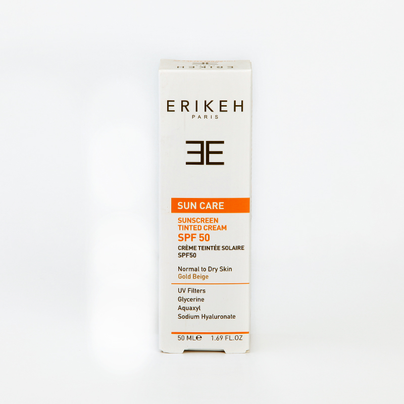 ضدآفتاب رنگی اریکه Erikeh SPF 50 مدل Gold Beige مناسب پوست نرمال تا خشک