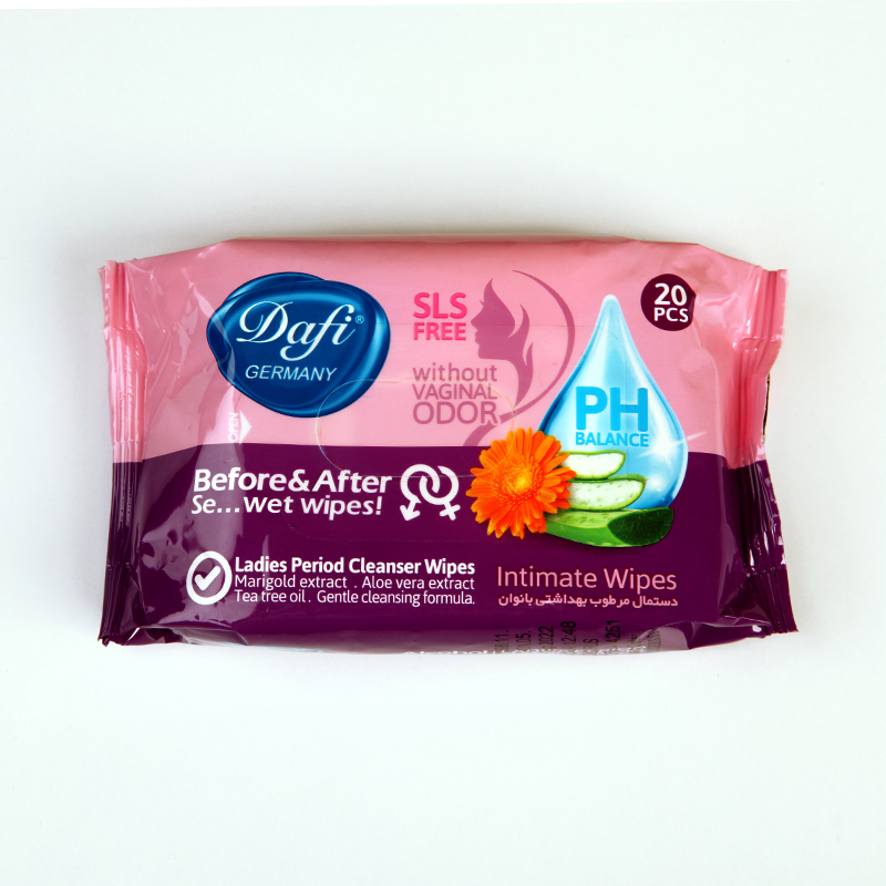 دستمال مرطوب بهداشتی بانوان دافی مدل Intimate Wipes با تنظیم PH و فاقد SLS – بسته ۲۰ عددی