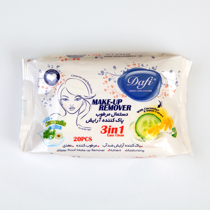 دستمال مرطوب پاک‌کننده آرایش دافی مدل 3in1 حاوی خیار، لیمو، بابونه و آلوئه‌ورا – بسته ۲۰ عددی