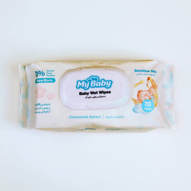 دستمال مرطوب کودک مای‌بیبی MyBaby مناسب پوست‌های حساس با عصاره بابونه – بسته ۷۰ عددی