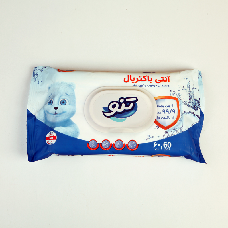 دستمال مرطوب آنتی‌باکتریال تنو Teno بدون عطر – بسته ۶۰ عددی
