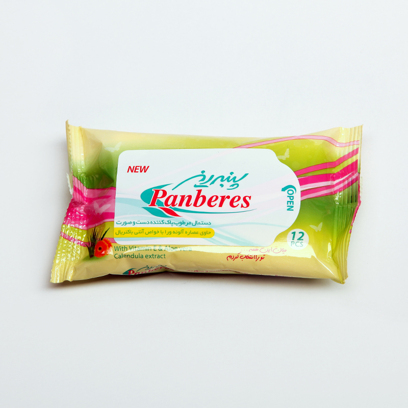 دستمال مرطوب پاک‌کننده دست و صورت پنبه‌ریز Panberes حاوی ویتامین E، آلوئه‌ورا و کالاندولا – بسته ۱۲ عددی