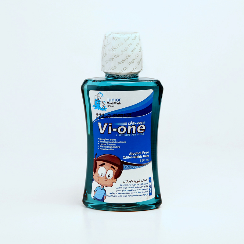 دهان‌شویه کودکان وی‌وان Vi-one Junior بدون الکل با طعم بابل‌گام – مناسب ۶ سال به بالا – حجم 330 میلی‌لیتر