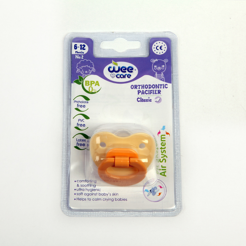 پستانک ارتودنتیک وی‌کر (Wee Care) مدل Classic – سایز 2 مناسب نوزادان 6 تا 12 ماه – رنگ کرم نارنجی