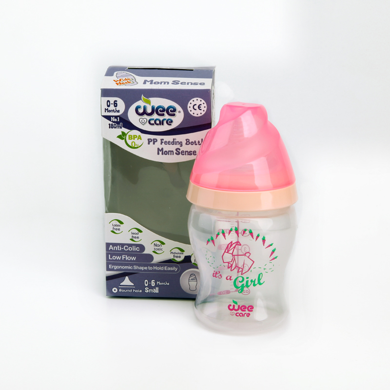 شیشه‌شیر وی‌کر (Wee Care) مدل Mom Sense ظرفیت 180 میلی‌لیتر – مناسب نوزادان 0 تا 6 ماه – ضد کولیک – سرشیشه جریان کم – طرح دخترانه