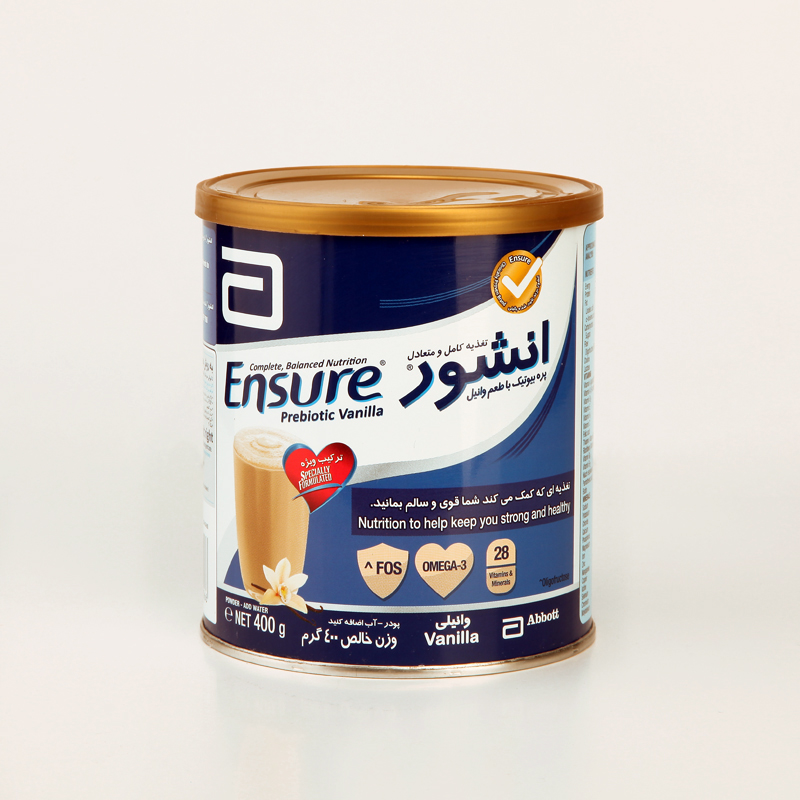 پودر انشور (Ensure) پری‌بیوتیک طعم وانیل – ۴۰۰ گرم تغذیه کامل و متعادل برای بزرگسالان