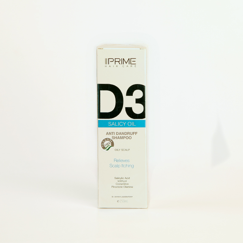 شامپو ضد شوره پرایم D3 حاوی سالیسیلیک اسید مناسب پوست سر چرب 250 میلی‌لیتر