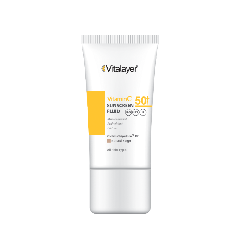 ضد آفتاب فلوئید رنگی Vitalayer Vitamin C SPF50 بژ طبیعی | محافظت کامل با پوشش طبیعی پوست