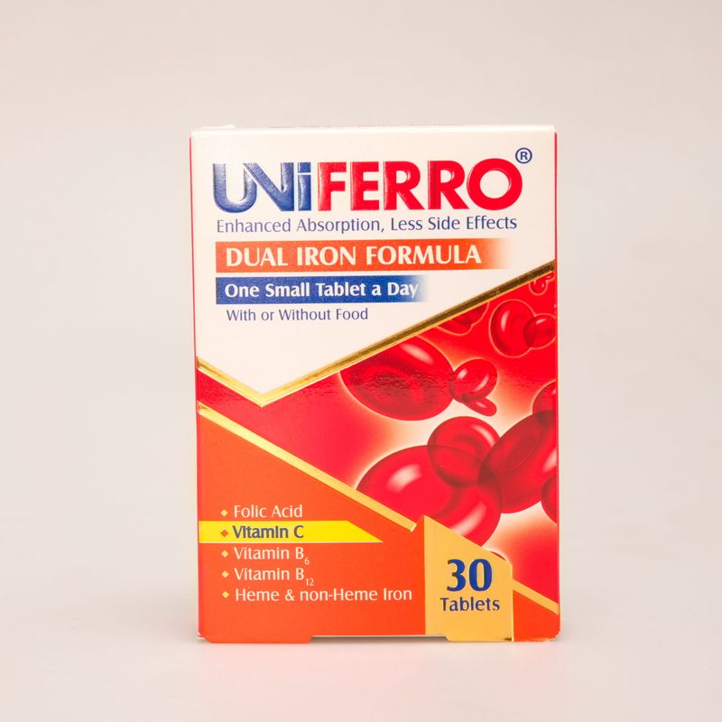 قرص UniFerro | مکمل آهن دوال آیرون با فولیک اسید، ویتامین C، B6 و B12 برای کم‌خونی