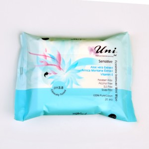 دستمال مرطوب بهداشتی بانوان یونی Uni مدل Sensitive با pH 3.8 – بسته ۲۰ عددی