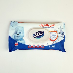 دستمال مرطوب آنتی‌باکتریال تنو Teno بدون عطر – بسته ۶۰ عددی