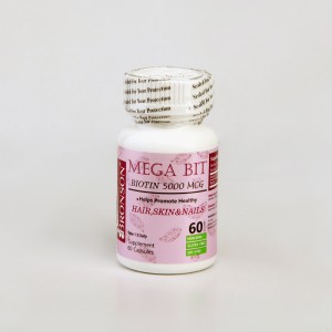 قرص بیوتین ۵۰۰۰ میکروگرم برونسون Mega Bit – تقویت مو، پوست و ناخن (۶۰ عددی)
