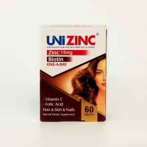 قرص یونی‌زینک ۱۵ میلی‌گرم با بیوتین – تقویت پوست، مو و ناخن + افزایش ایمنی (۶۰ عددی)