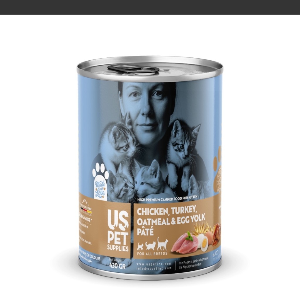 کنسرو غذای بچه گربه یو اس پت مدل های پریمیوم با طعم مرغ بوقلمون زرده تخممرغ و جوی پرک وزن 430 گرم