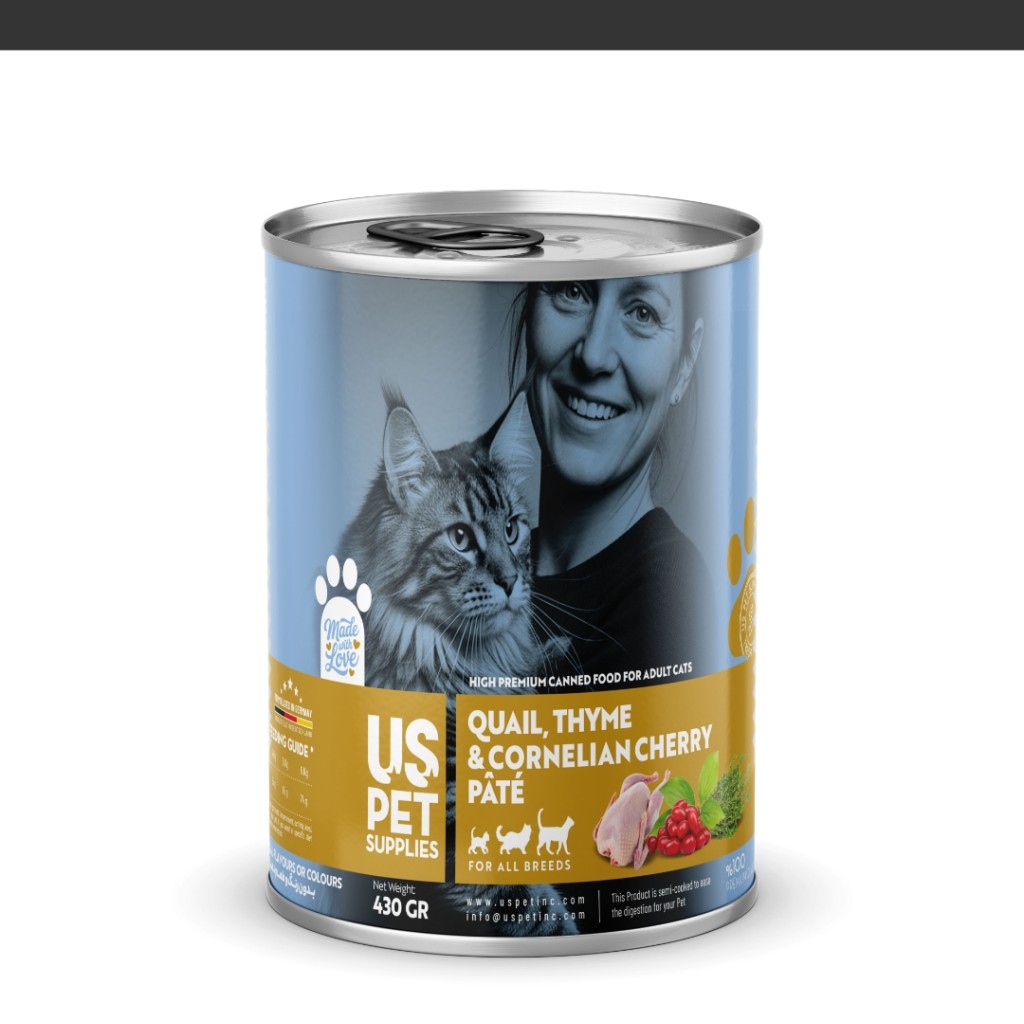 کنسرو غذای گربه یو اس پت مدل های پریمیوم با طعم بلدرچین زغالاخته و آویشن وزن 430 گرم