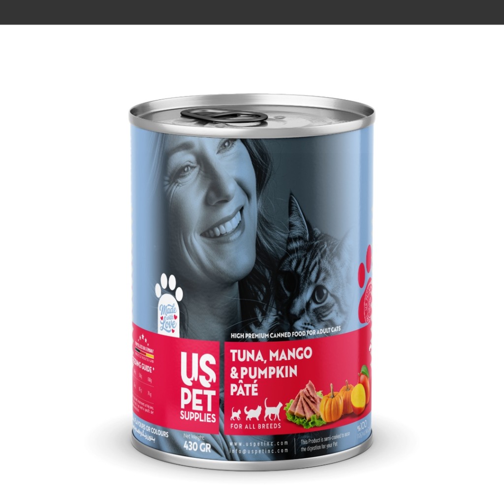 کنسرو غذای گربه یو اس پت مدل های پریمیوم با طعم ماهی تن انبه و کدو تنبل وزن 430 گرم