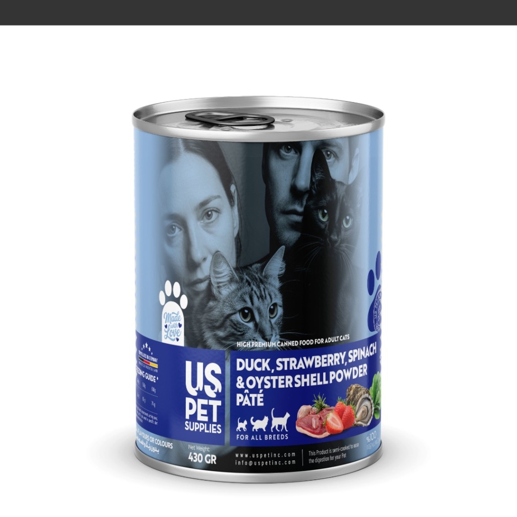 کنسرو غذای گربه یو اس پت مدل های پریمیوم با طعم اردک اسفناج توتفرنگی و پودر صدف وزن 430 گرم