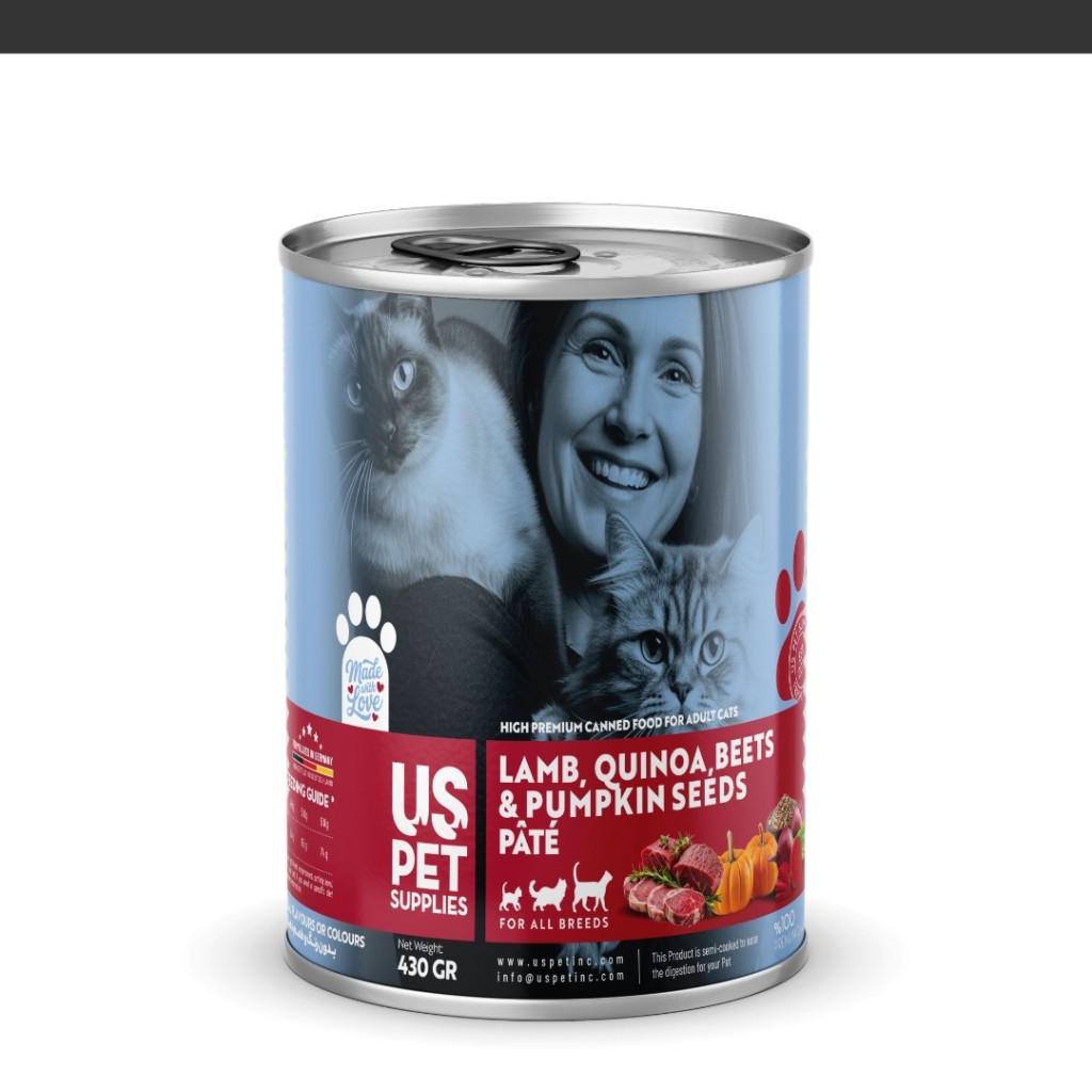 کنسرو غذای گربه یو اس پت مدل های پریمیوم با طعم گوشت بره و کینوآ و چغندر و تخم کدو وزن 430 گرم