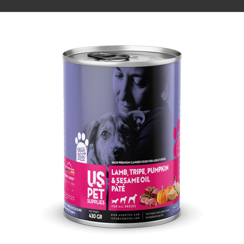 کنسرو غذای سگ یو اس پت مدل های پریمیوم با طعم گوشت بره و سیرابی وزن 430 گرم