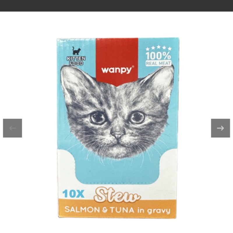 پوچ خورشتی بچه گربه ونپی مدل استیو با طعم تن و سالمون Wanpy Stew With Tuna & Salmon in Gravy بسته 10 عددی