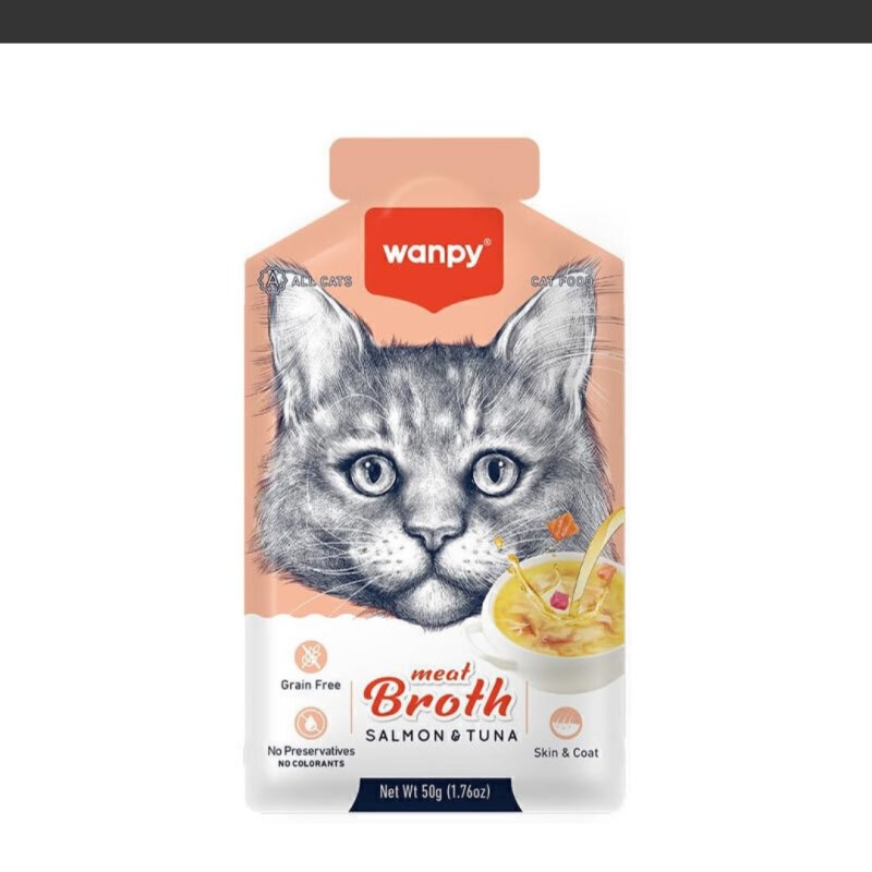 سوپ گربه ونپی با طعم ماهی تن و سالمون Wanpy Cat Meat Broth With Tuna And Salmon وزن 50 گرم