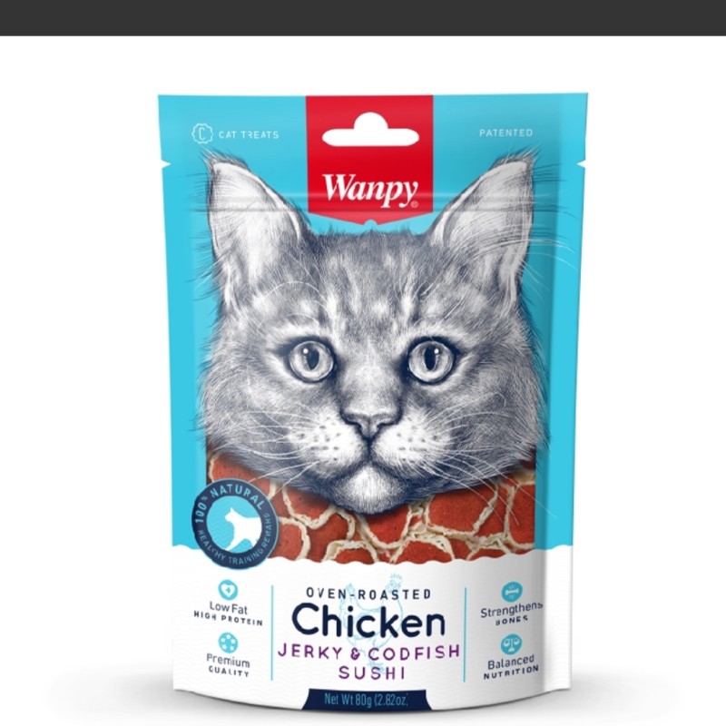 تشویقی گربه ونپی مدل Chicken Jerky & Codfish Sushi وزن 80 گرم