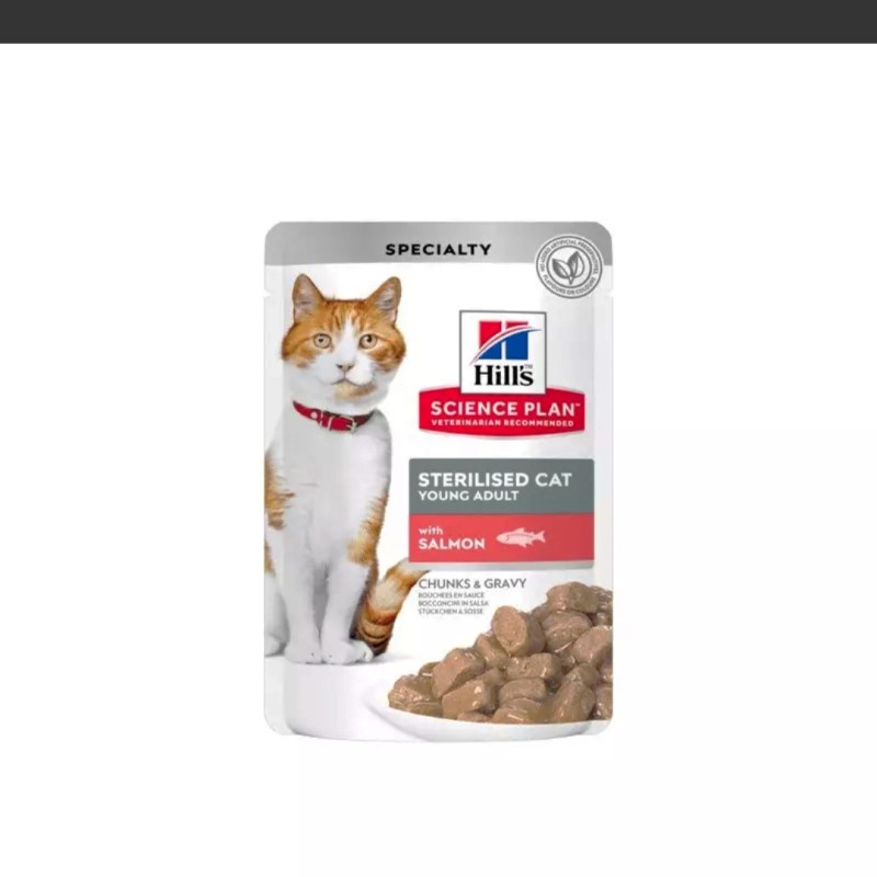 پوچ گربه عقیم هیلز مدل چانک در سس با طعم سالمون HILL’S Pouch for Sterilized Adult with Salmon وزن 85 گرم