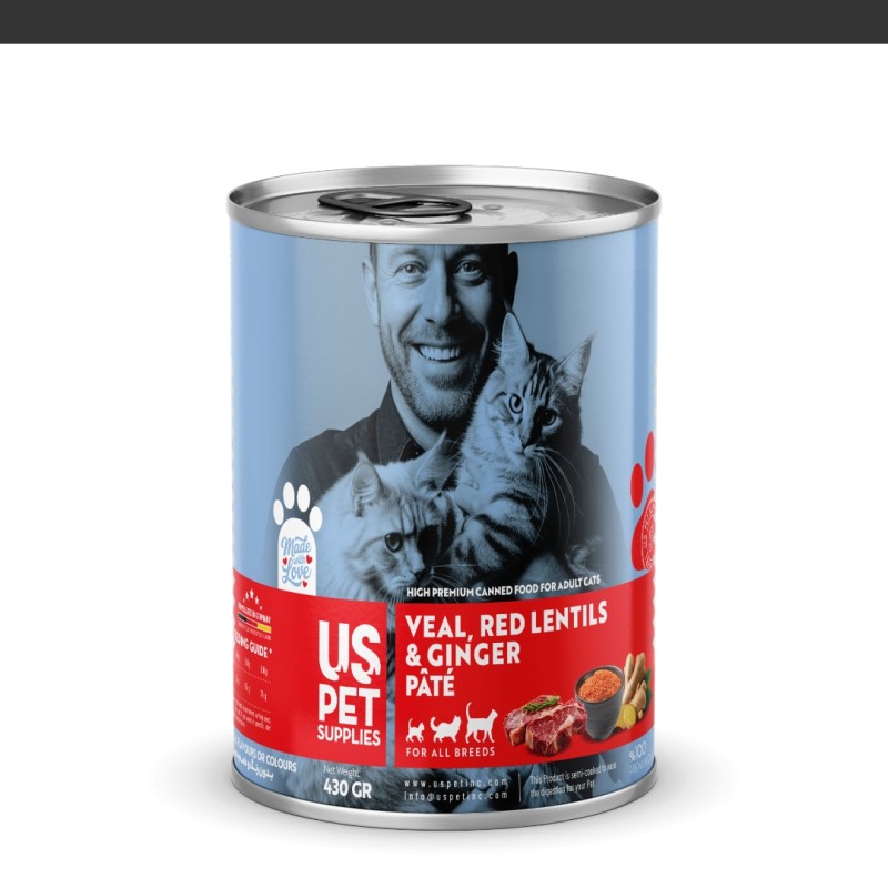 کنسرو غذای گربه یو اس پت مدل های پریمیوم با طعم گوساله و عدس قرمز و زنجبیل وزن 800 گرم