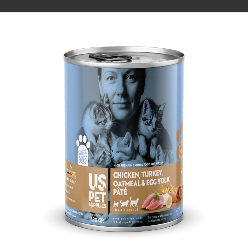 کنسرو غذای بچه گربه یو اس پت مدل های پریمیوم با طعم مرغ بوقلمون زرده تخم‌مرغ و جوی پرک وزن 430 گرم