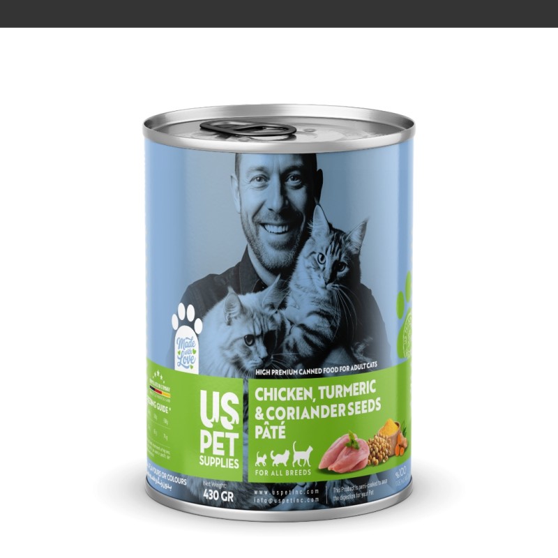 کنسرو غذای گربه یو اس پت مدل های پریمیوم با طعم مرغ و زردچوبه و گشنیز وزن 430 گرم