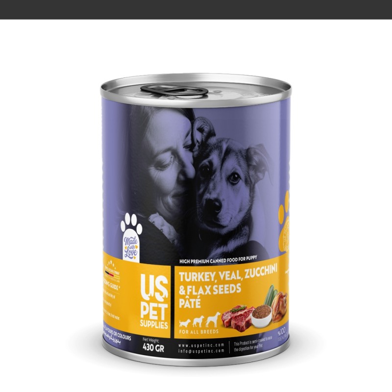 کنسرو غذای توله سگ یو اس پت مدل های پریمیوم با طعم گوشت گوساله و بوقلمون و کدو سبز و تخم کتان وزن 430 گرم