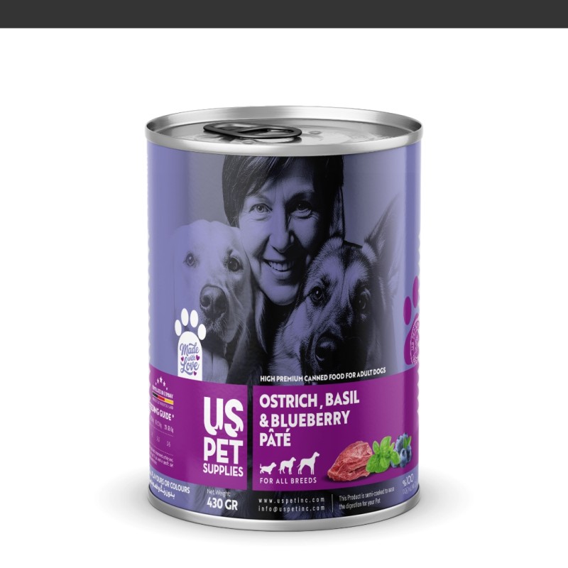 کنسرو غذای سگ یو اس پت مدل های پریمیوم با طعم شترمرغ، ریحان و بلوبری وزن 430 گرم