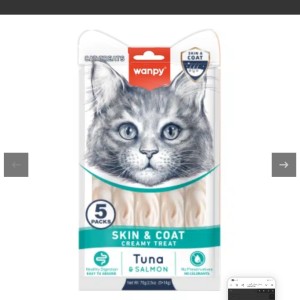 بستنی درمانی گربه ونپی حفظ سلامت پوست و مو با طعم ماهی تن و سالمون Wanpy Skin & Coat Creamy Treat بسته 5 عددی