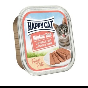 ووم گربه هپی کت مدل Minkas Duo با طعم مرغ و سالمون 100 گرم