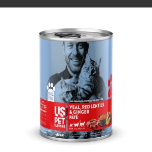 کنسرو غذای گربه یو اس پت مدل های پریمیوم با طعم گوساله و عدس قرمز و زنجبیل وزن 800 گرم