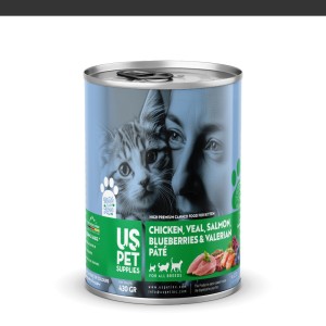 کنسرو غذای بچه گربه یو اس پت مدل های پریمیوم با طعم مرغ گوساله سالمون بلوبری سنبل‌ الطیب وزن 430 گرم
