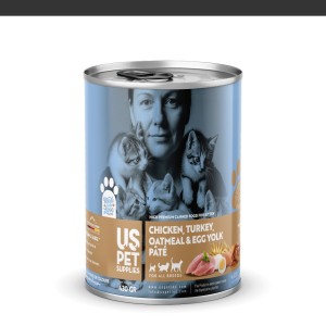 کنسرو غذای بچه گربه یو اس پت مدل های پریمیوم با طعم مرغ بوقلمون زرده تخم‌مرغ و جوی پرک وزن 430 گرم