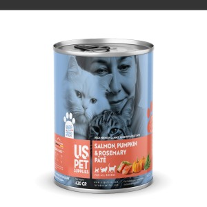 کنسرو غذای گربه یو اس پت مدل های پریمیوم با طعم سالمون کدو و رزماری وزن 430 گرم