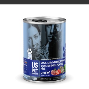 کنسرو غذای گربه یو اس پت مدل های پریمیوم با طعم اردک اسفناج توت‌فرنگی و پودر صدف وزن 430 گرم