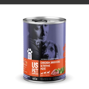 کنسرو غذای توله سگ یو اس پت مدل های پریمیوم با طعم مرغ و بروکلی وزن 430 گرم