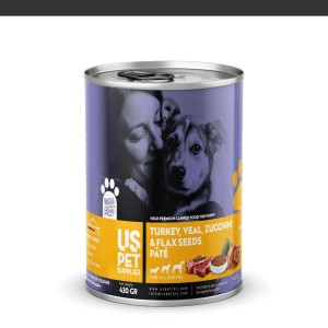 کنسرو غذای توله سگ یو اس پت مدل های پریمیوم با طعم گوشت گوساله و بوقلمون و کدو سبز و تخم کتان وزن 430 گرم