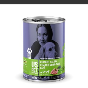 کنسرو غذای سگ یو اس پت مدل های پریمیوم با طعم مرغ کرفس، زغال اخته و ریحان وزن 430 گرم
