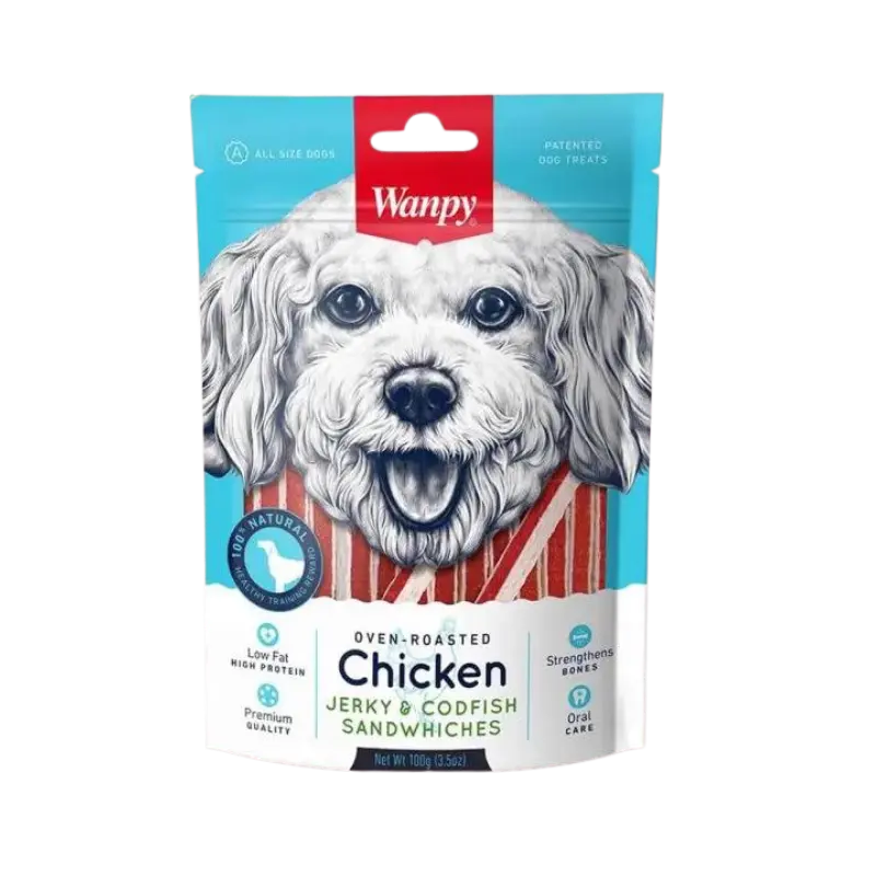 تشویقی سگ جرکی ساندویچ کدفیش ونپی Wanpy وزن 100 گرمی
