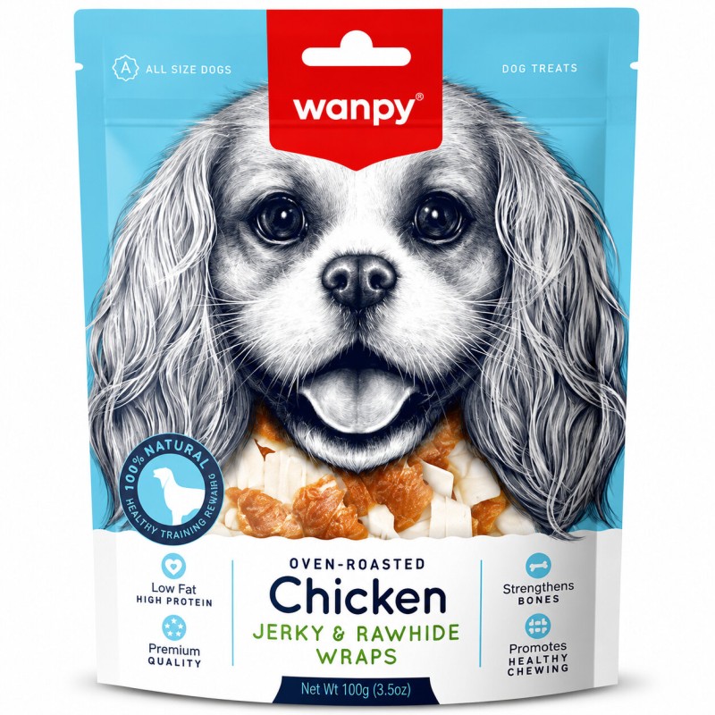 تشویقی سگ ونپی با طعم مرغ و پوست خام Wanpy Chicken Jerky & Rawhide Wraps (وزن 100 گرم)