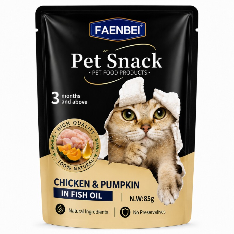 پوچ گربه فنبی با طعم مرغ و کدوحلوایی و روغن ماهی Faenbei Cat Chicken & Pumpkin & Salmon Oil Pouch وزن 85 گرم
