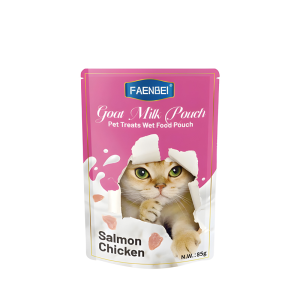 پوچ گربه فنبی با طعم سالمون و مرغ در شیر بز Faenbei Cat Goat Milk with Salmon & Chicken Pouch وزن 85 گرم