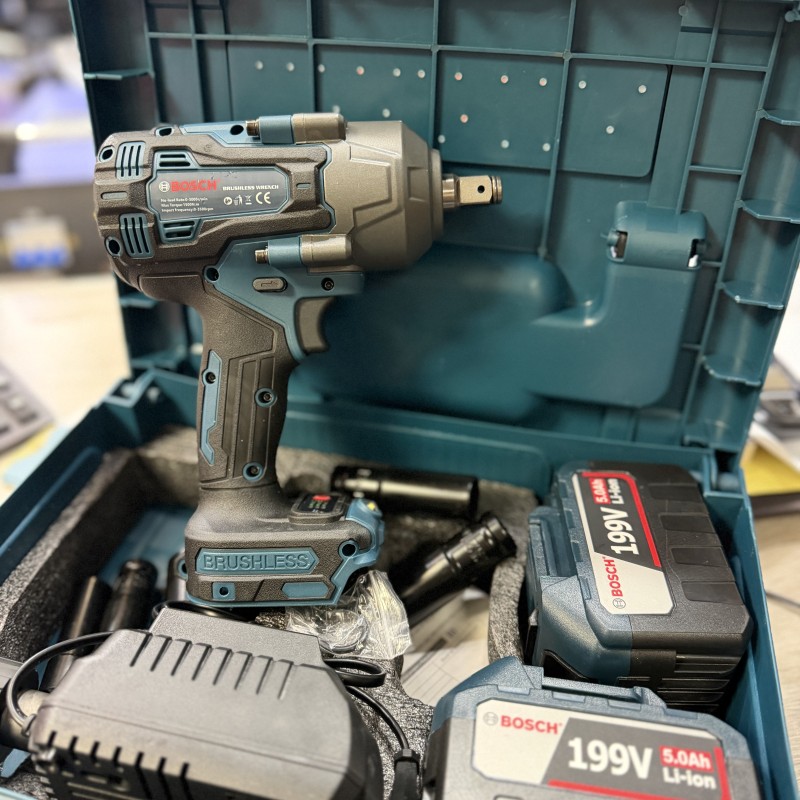 بکس شارژی ۱۵۰۰ نیوتن‌متر بوش Bosch مدل 199V | دو باتری لیتیومی + شارژر + ست ۵ بکس و سه‌نظام