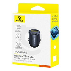 شارژر فندکی 30 وات دو پورت بیسوس مدل Tiny Star VCHXX-UC