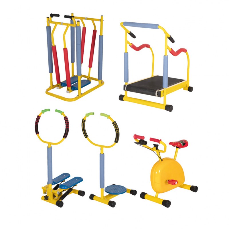 لوازم ورزشی فلزی کودک 5 تکه (تردمیل+دوچرخه،اسکی فضایی، اولپتیکال+ مسگری)