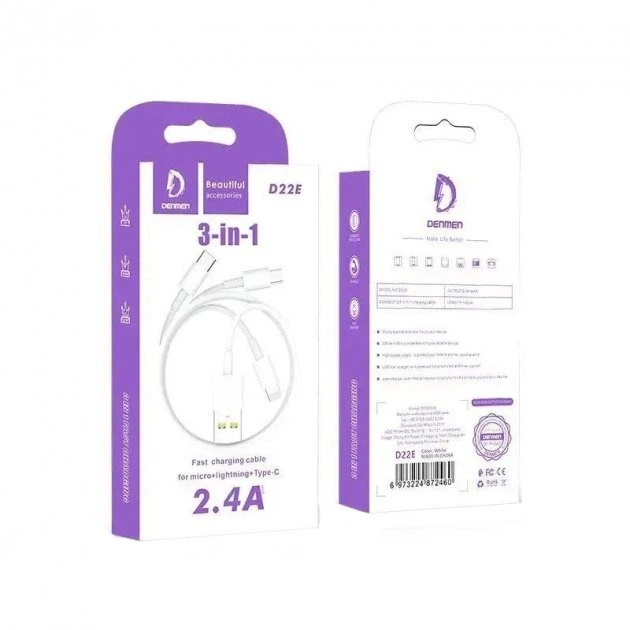 کابل شارژ 3 در 1 دنمن مدل D22E | Micro USB، Lightning و Type-C